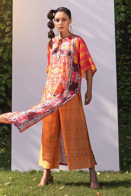 The Boozy Button_Orange Cotton Silk Digital Print Round Kaftan Kurta And Palazzo Set_Online_at_Aza_Fashions