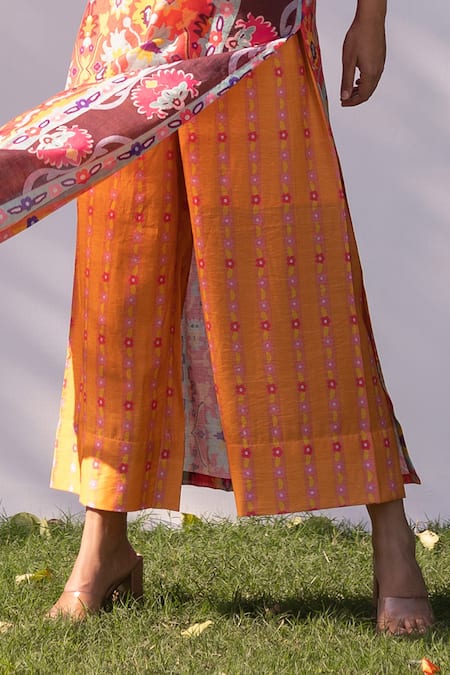 Buy_The Boozy Button_Orange Cotton Silk Digital Print Round Kaftan Kurta And Palazzo Set_Online_at_Aza_Fashions
