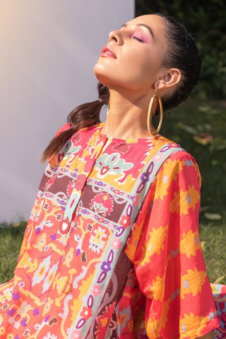 Shop_The Boozy Button_Orange Cotton Silk Digital Print Round Kaftan Kurta And Palazzo Set_Online_at_Aza_Fashions