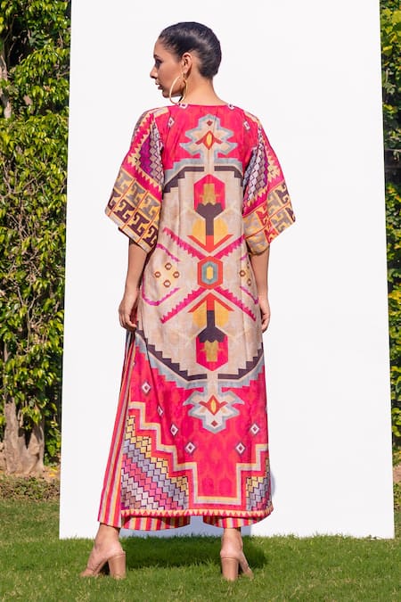 Shop_The Boozy Button_Multi Color Cotton Silk Digital Print Round Kaftan Kurta And Palazzo Set_at_Aza_Fashions
