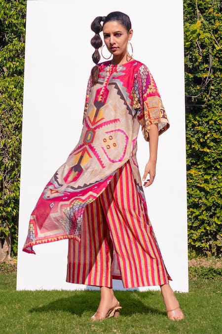 The Boozy Button_Multi Color Cotton Silk Digital Print Round Kaftan Kurta And Palazzo Set_Online_at_Aza_Fashions
