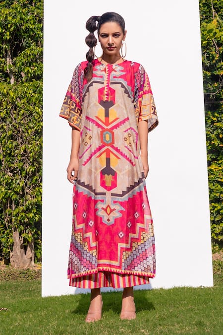 Buy_The Boozy Button_Multi Color Cotton Silk Digital Print Round Kaftan Kurta And Palazzo Set_Online_at_Aza_Fashions