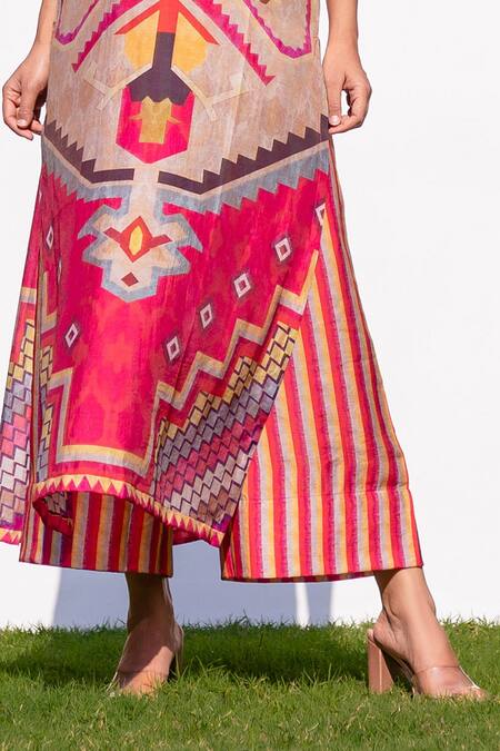 Shop_The Boozy Button_Multi Color Cotton Silk Digital Print Round Kaftan Kurta And Palazzo Set_Online_at_Aza_Fashions