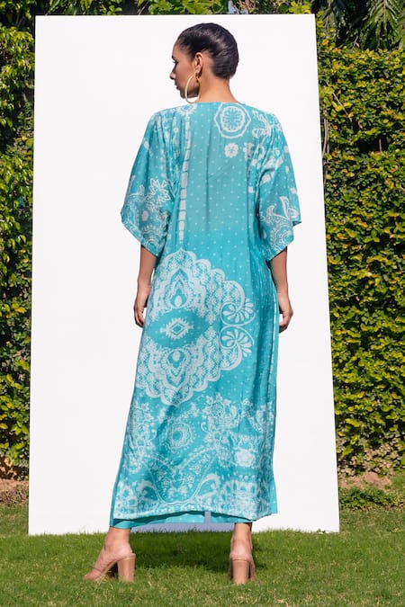 Shop_The Boozy Button_Multi Color Cotton Silk Digital Print Round Kaftan Kurta And Palazzo Set_at_Aza_Fashions