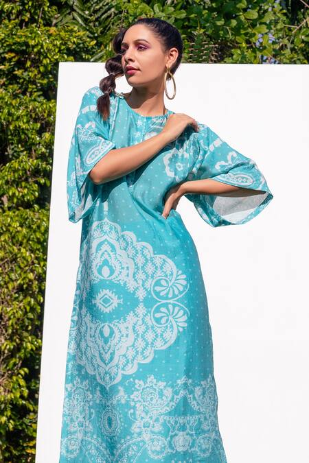 The Boozy Button_Multi Color Cotton Silk Digital Print Round Kaftan Kurta And Palazzo Set_Online_at_Aza_Fashions