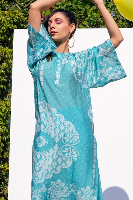Buy_The Boozy Button_Multi Color Cotton Silk Digital Print Round Kaftan Kurta And Palazzo Set_Online_at_Aza_Fashions