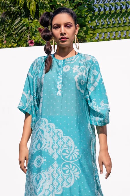 Shop_The Boozy Button_Multi Color Cotton Silk Digital Print Round Kaftan Kurta And Palazzo Set_Online_at_Aza_Fashions