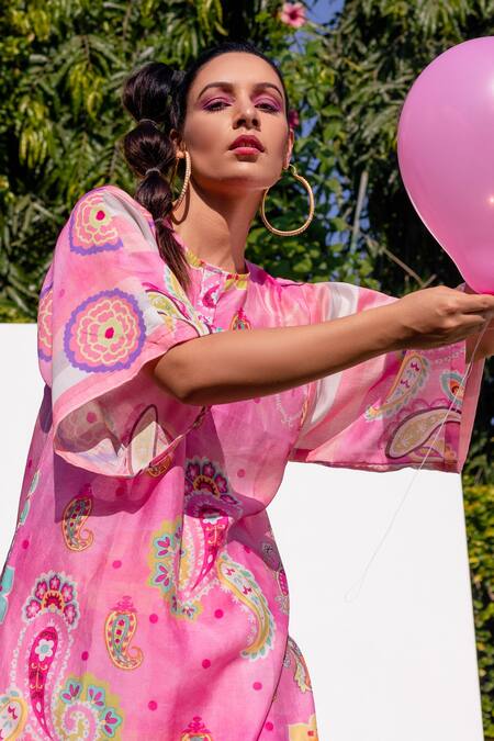 Shop The Boozy Button Multi Color Cotton Silk Digital Print Round Kaftan Kurta And Palazzo Set Online at Aza Fashions Shop_The Boozy Button_Multi Color Cotton Silk Digital Print Round Kaftan Kurta And Palazzo Set_Online_at_Aza_Fashions