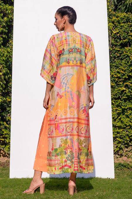 Shop The Boozy Button Multi Color Cotton Silk Digital Print Round Kaftan Kurta And Palazzo Set at Aza Fashions Shop_The Boozy Button_Multi Color Cotton Silk Digital Print Round Kaftan Kurta And Palazzo Set_at_Aza_Fashions
