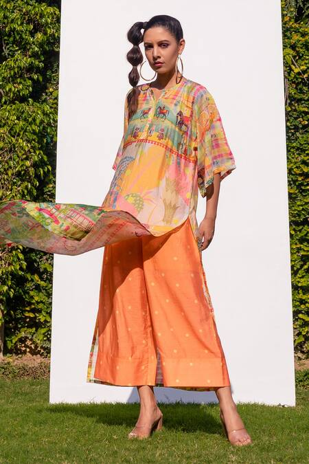 The Boozy Button Multi Color Cotton Silk Digital Print Round Kaftan Kurta And Palazzo Set Online at Aza Fashions The Boozy Button_Multi Color Cotton Silk Digital Print Round Kaftan Kurta And Palazzo Set_Online_at_Aza_Fashions