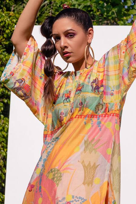 Buy The Boozy Button Multi Color Cotton Silk Digital Print Round Kaftan Kurta And Palazzo Set Online at Aza Fashions Buy_The Boozy Button_Multi Color Cotton Silk Digital Print Round Kaftan Kurta And Palazzo Set_Online_at_Aza_Fashions