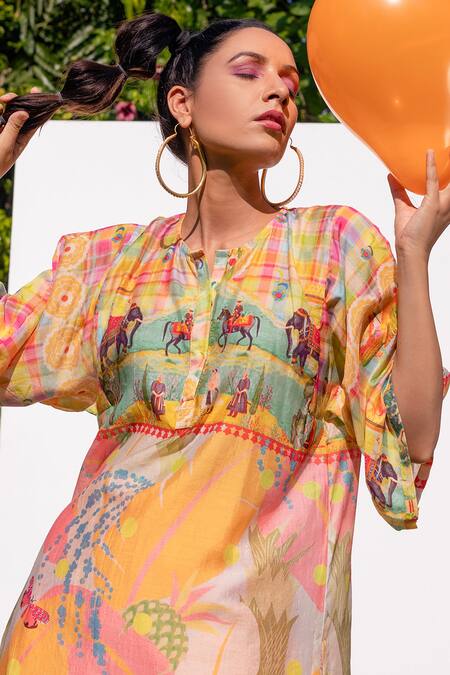 Shop The Boozy Button Multi Color Cotton Silk Digital Print Round Kaftan Kurta And Palazzo Set Online at Aza Fashions Shop_The Boozy Button_Multi Color Cotton Silk Digital Print Round Kaftan Kurta And Palazzo Set_Online_at_Aza_Fashions