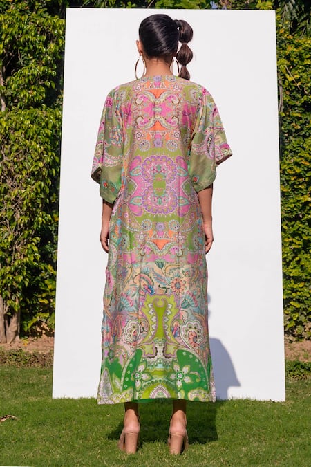 Shop_The Boozy Button_Multi Color Cotton Silk Digital Print Round Kaftan Kurta And Palazzo Set_at_Aza_Fashions