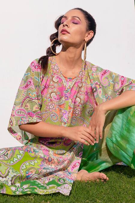 The Boozy Button_Multi Color Cotton Silk Digital Print Round Kaftan Kurta And Palazzo Set_Online_at_Aza_Fashions