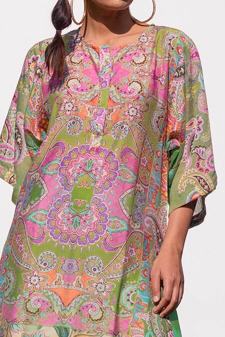 Buy_The Boozy Button_Multi Color Cotton Silk Digital Print Round Kaftan Kurta And Palazzo Set_Online_at_Aza_Fashions