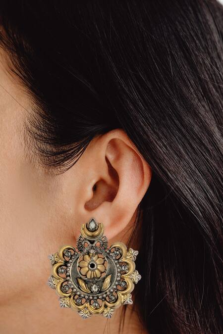 Neeta Boochra_Gold Plated Stone Handcrafted Chandbali Earrings_Online_at_Aza_Fashions