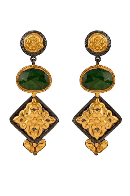 Neeta Boochra_Black Stones Floral Carved Earrings _Online_at_Aza_Fashions