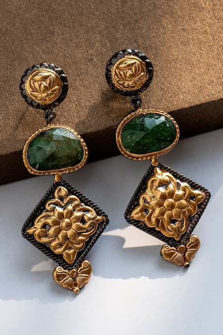 Buy_Neeta Boochra_Black Stones Floral Carved Earrings _Online_at_Aza_Fashions