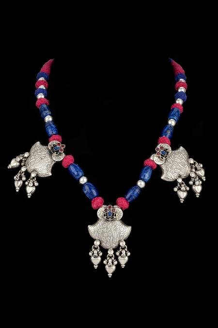 Neeta Boochra_Silver Plated Rajasthani Patwa Thread Work Stone Embellished Necklace_Online_at_Aza_Fashions