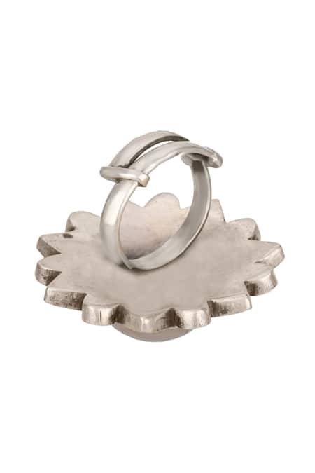 Shop Neeta Boochra Silver Plated Kundan And Rose Quartz Floral Motif Ring at Aza Fashions Shop_Neeta Boochra_Silver Plated Kundan And Rose Quartz Floral Motif Ring _at_Aza_Fashions
