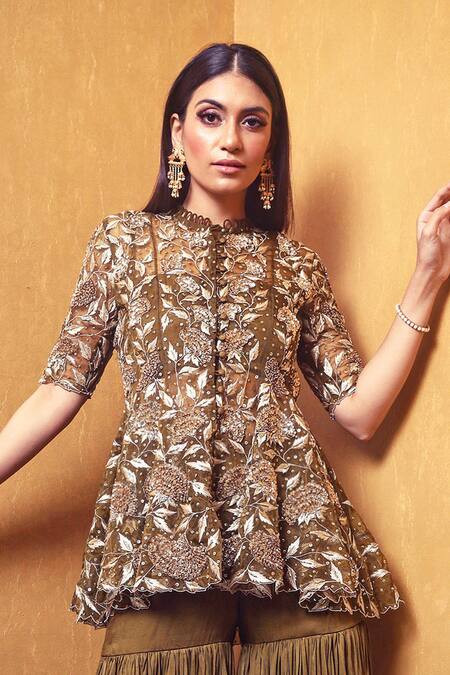Buy_Sachkiran Bimbra_Green Embroidered Kurta And Sharara Set_Online_at_Aza_Fashions