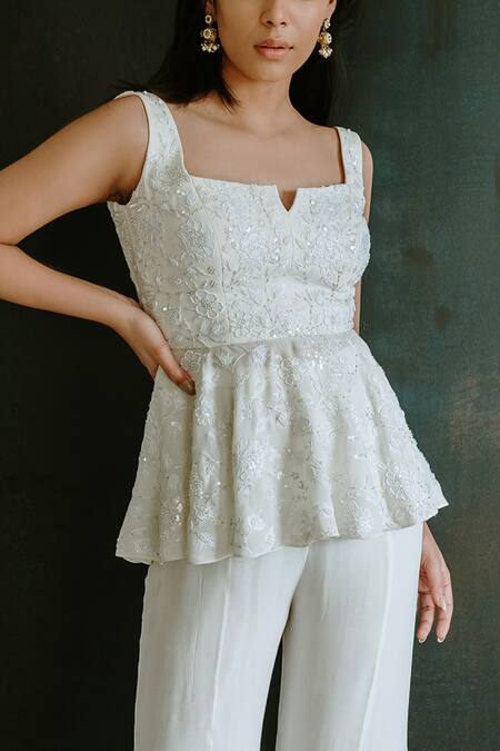 Mishru_White Georgette Notched Square Hand Embroidered Top With Flared Pant _Online_at_Aza_Fashions