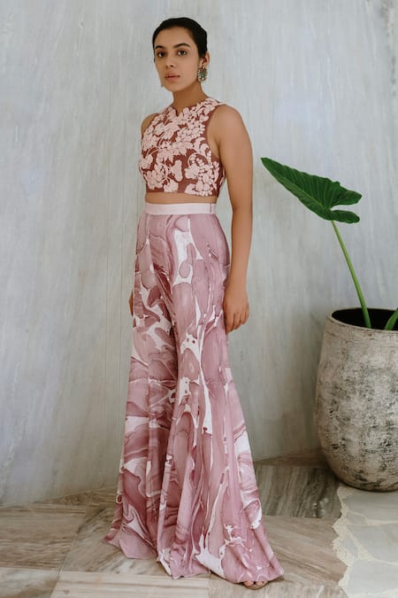 Mishru_Pink Dupion Hand Embroidered Crop Top With Flared Pant_Online_at_Aza_Fashions