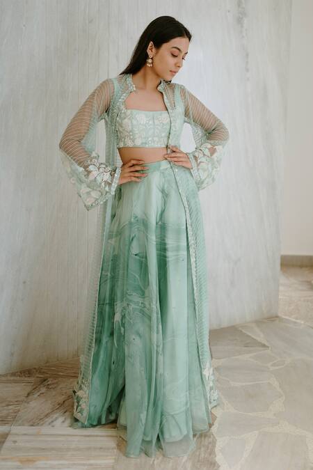 Mishru Green Chanderi Embroidered Jacket With Lehenga Set