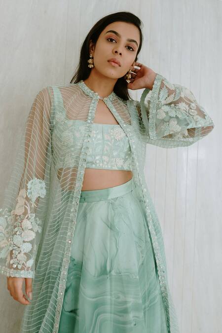 Mishru Green Chanderi Embroidered Jacket With Lehenga Set Online at Aza Fashions Mishru_Green Chanderi Embroidered Jacket With Lehenga Set_Online_at_Aza_Fashions