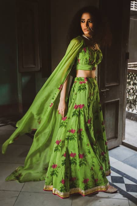 Shop Label Earthen Green Chanderi, Organza Silk Sweetheart Neck Printed Lehenga Set at Aza Fashions Shop_Label Earthen_Green Chanderi, Organza Silk Sweetheart Neck Printed Lehenga Set _at_Aza_Fashions