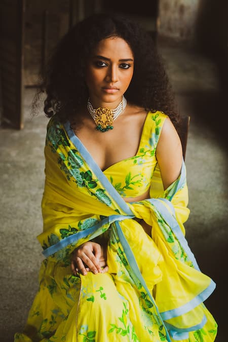 Shop_Label Earthen_Blue Cotton Mal Sweetheart Neck Printed Lehenga Set _Online_at_Aza_Fashions