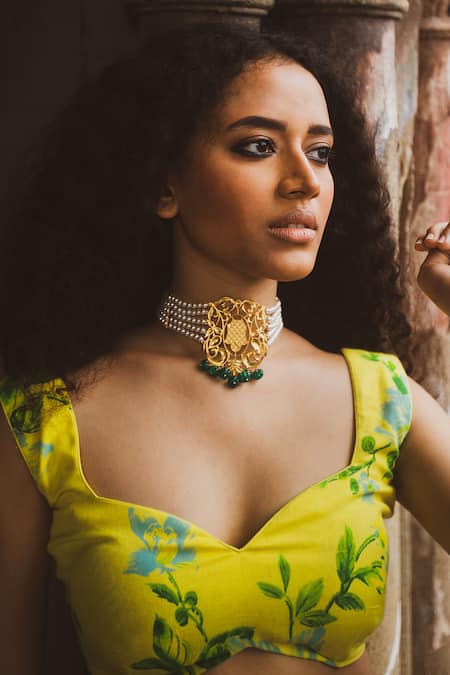 Label Earthen_Blue Cotton Mal Sweetheart Neck Printed Lehenga Set _at_Aza_Fashions