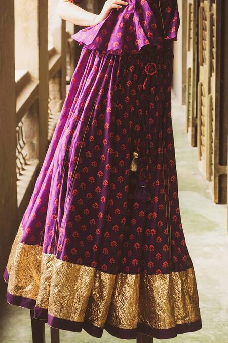 Label Earthen_Yellow Chanderi, Cotton Mal, Organza Silk V Printed Lehenga Set With Peplum Top_at_Aza_Fashions