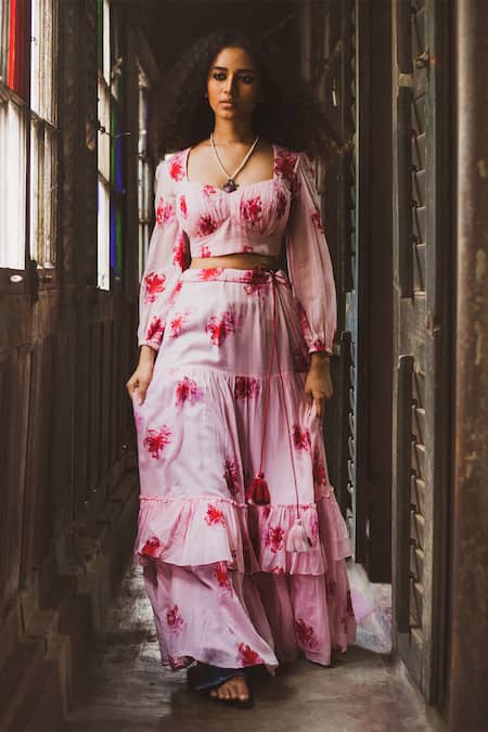 Label Earthen_Maroon Chanderi, Cotton Mal, Organza Silk Sweetheart Neck Printed Lehenga Set _Online_at_Aza_Fashions