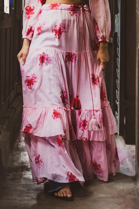 Label Earthen_Maroon Chanderi, Cotton Mal, Organza Silk Sweetheart Neck Printed Lehenga Set _at_Aza_Fashions