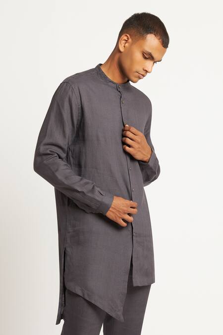 Son Of A Noble Snob Grey 100% Linen Gurung Layered Kurta Online at Aza Fashions Son Of A Noble Snob_Grey 100% Linen Gurung Layered Kurta_Online_at_Aza_Fashions
