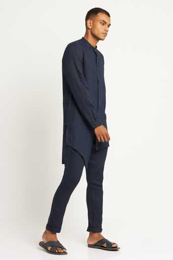 Son Of A Noble Snob_Blue 100% Linen Gurung Asymmetric Kurta_Online_at_Aza_Fashions