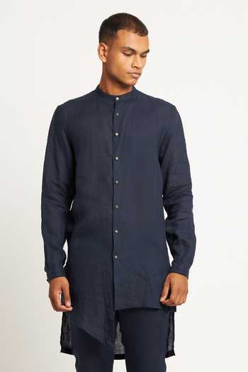 Buy_Son Of A Noble Snob_Blue 100% Linen Gurung Asymmetric Kurta_Online_at_Aza_Fashions