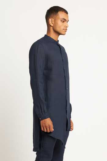 Shop_Son Of A Noble Snob_Blue 100% Linen Gurung Asymmetric Kurta_Online_at_Aza_Fashions