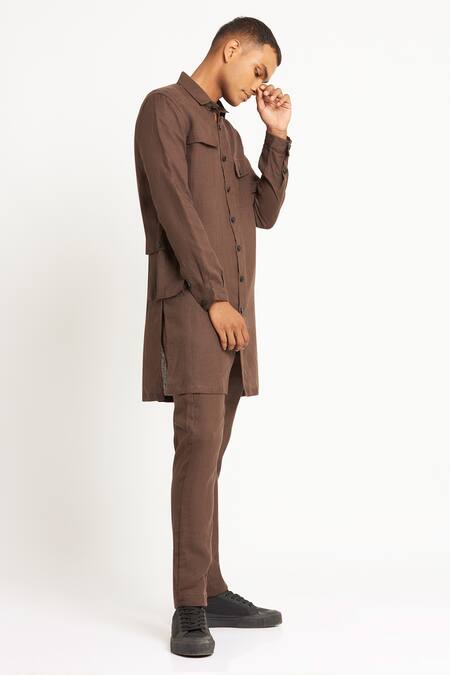 Son Of A Noble Snob_Brown 100% Linen Sukma Kurta Set_Online_at_Aza_Fashions
