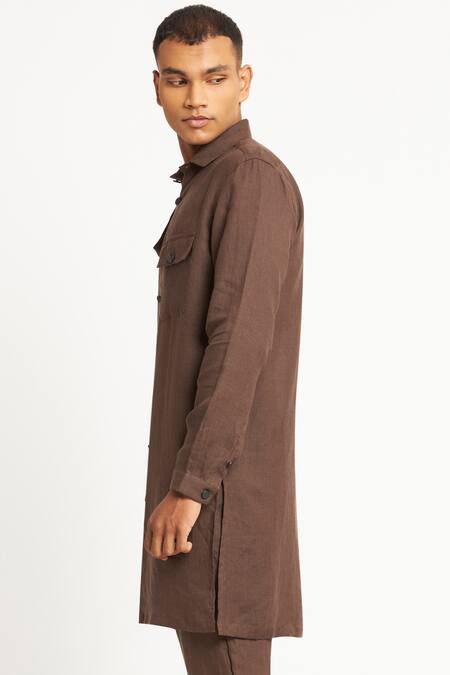 Shop_Son Of A Noble Snob_Brown 100% Linen Sukma Kurta Set_Online_at_Aza_Fashions