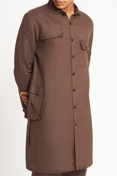 Son Of A Noble Snob_Brown 100% Linen Sukma Kurta Set_at_Aza_Fashions