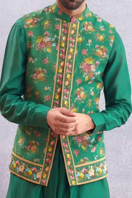 Buy_Torani_Green Bundi And Kurta Handwoven Chanderi, Pure Cotton Silk & Panna Gulfam & Set _Online_at_Aza_Fashions