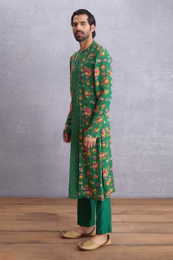 Torani_Green Handwoven Chanderi, Silk, Panna Mirziya Kurta Set_Online_at_Aza_Fashions