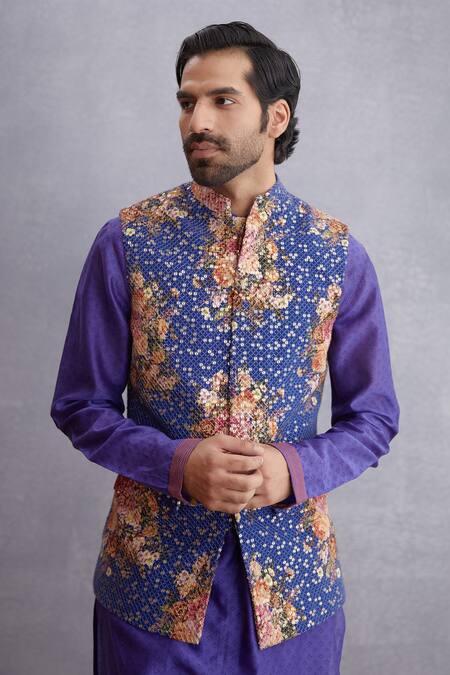 Shop_Torani_Purple Handwoven Chanderi, Pure Cotton Jamuni Qasiba Sitara Bundi And Kurta Set _Online_at_Aza_Fashions