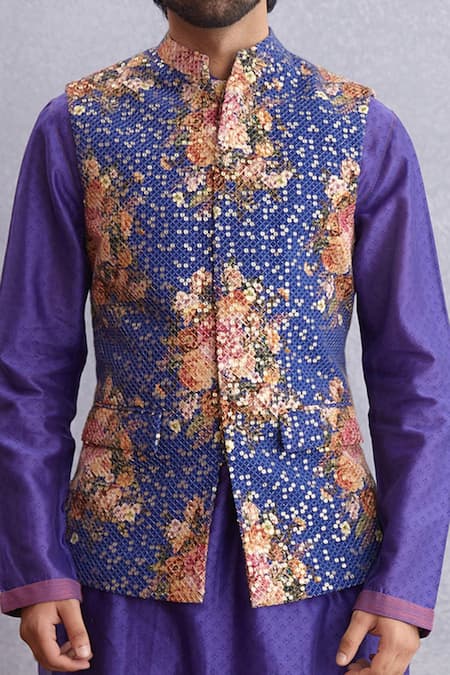 Torani_Purple Handwoven Chanderi, Pure Cotton Jamuni Qasiba Sitara Bundi And Kurta Set _at_Aza_Fashions