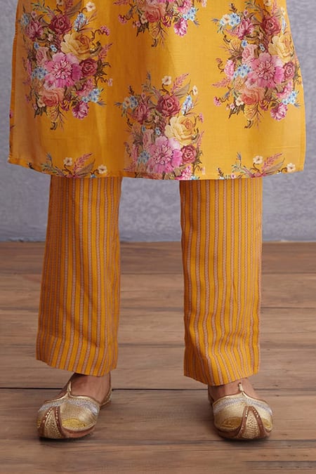 Torani_Yellow Handwoven Chanderi, Pure Cotton Voile Sunhera Nisarg Kurta Set _at_Aza_Fashions