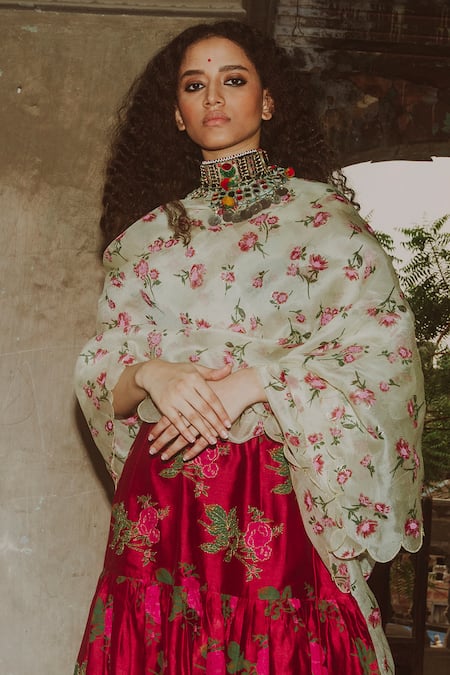 Shop_Label Earthen_White Chanderi, Organza Silk Printed Lehenga Set _Online_at_Aza_Fashions