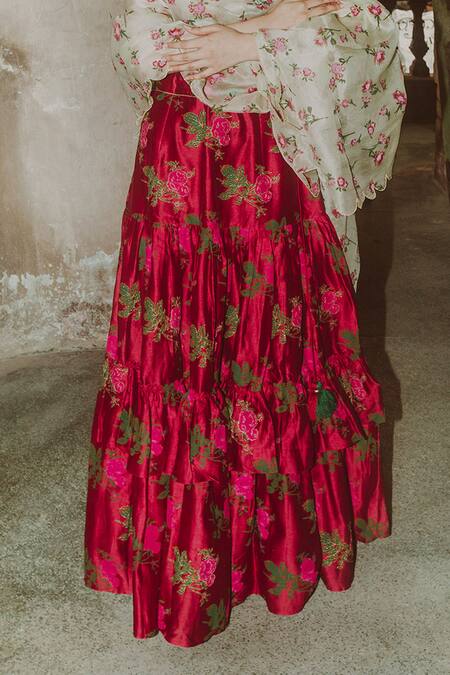 Label Earthen_White Chanderi, Organza Silk Printed Lehenga Set _at_Aza_Fashions