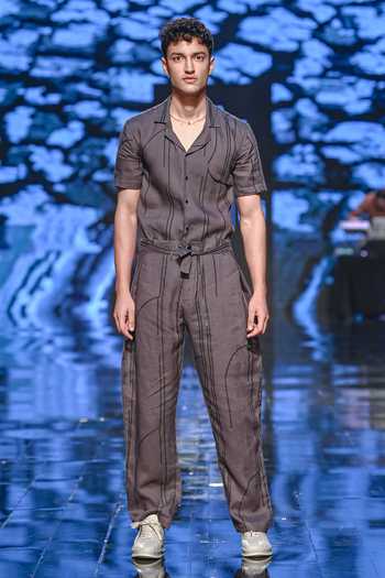 Son Of A Noble Snob_Grey 100% Linen Stripes Khera Shirt And Pant Set_Online_at_Aza_Fashions
